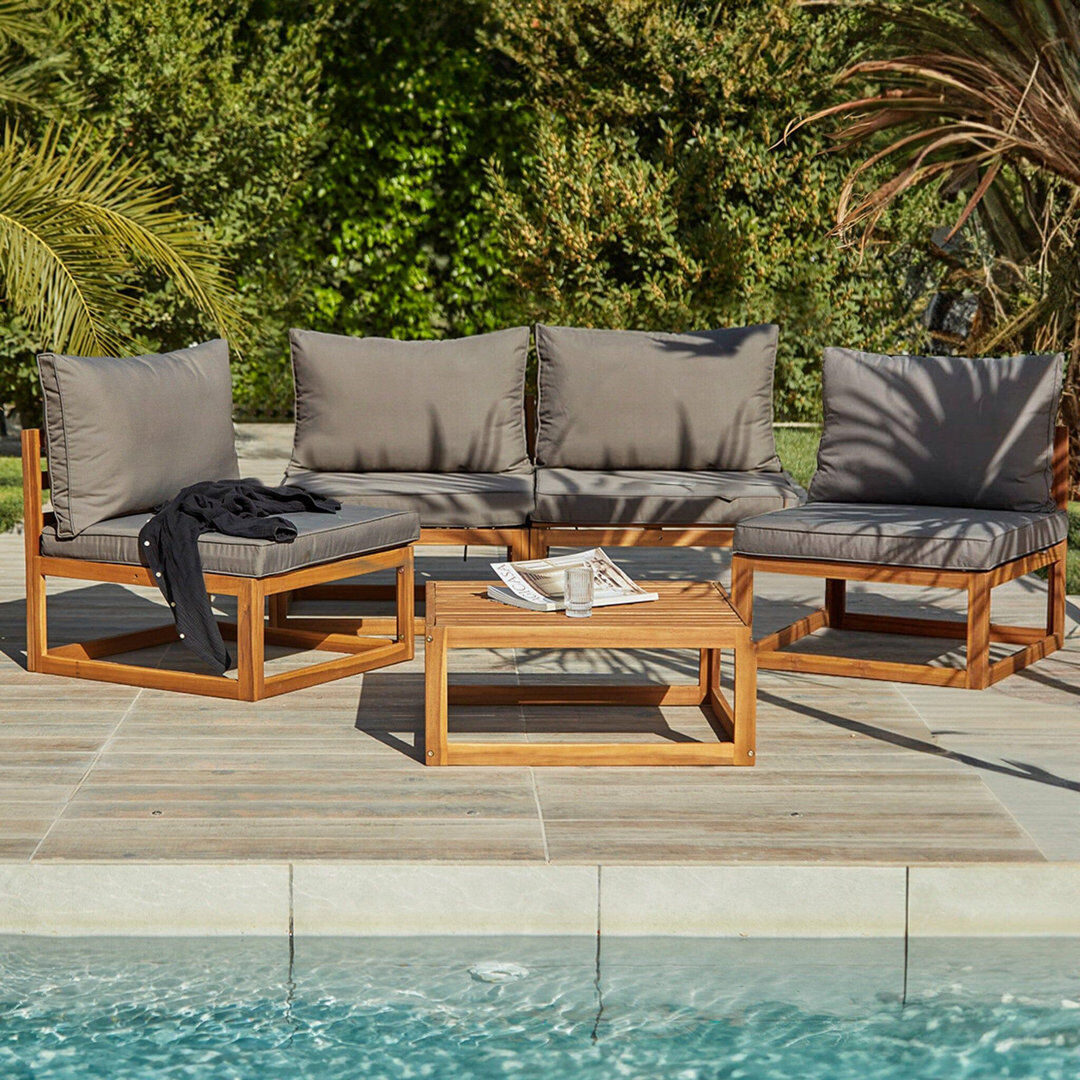17 Stories Rimasha Wooden Garden Set with 2 Seater Sofa - 2 Chairs with Coffee Table Grey 4