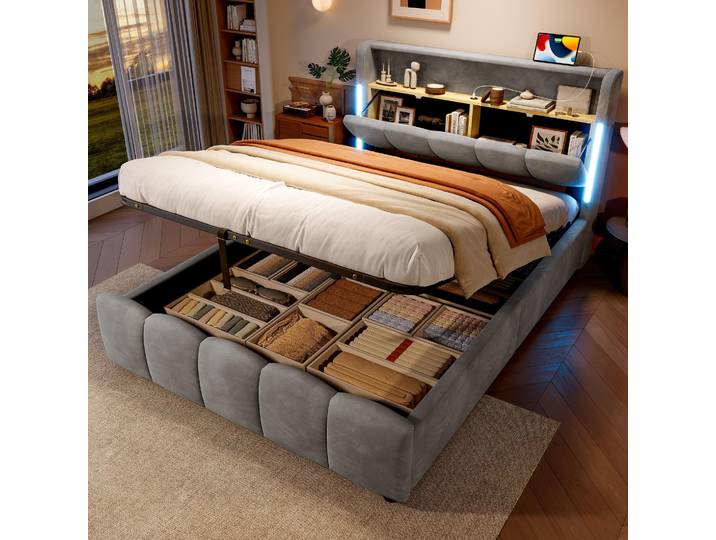 MODFU Lit Coffre 140x200 cm - Lit Double Capitonné avec Éclairage LED\, Ports USB et Rangement Hydraulique - En Velours Gris - Sans Matelas