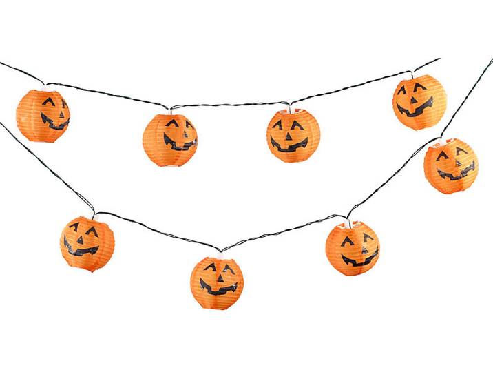LED-Lichterkette mit 10 Lampions im Halloween-Kürbis-Look, Timer, IP44