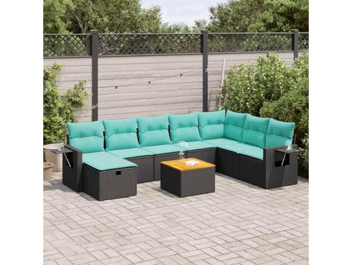 KTHLBRH Gartenmöbel-Set, 9-teilig, mit Kissen, schwarz, Polyrattan Eckbank mit Hocker, lackierter Stahl, Sitze mit wasserdichtem Behälter, waschbare Bezüge
