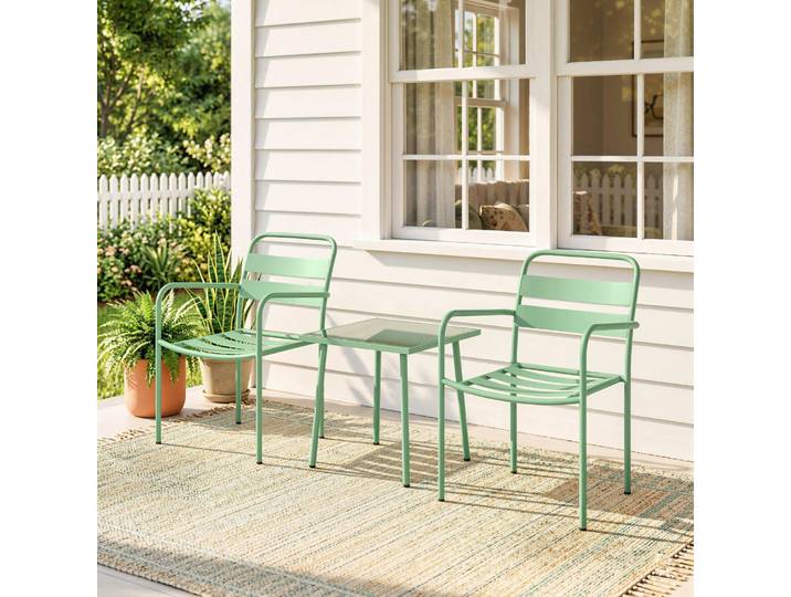 Outsunny Ensemble Bistro 3pcs Acier Vert Table Verre 2 Chaises