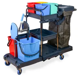 Hypafol Reinigungswagen 4x 5 Liter + 2x 18 Liter Eimer | Profi Putzwagen mit stabiler Mopp-Presse & Halterung für Besen & Lappen | 100l Leinentasche