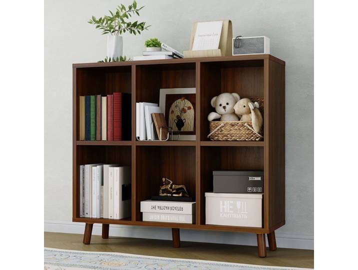 Etagère milieu siècle 6 niveaux cubes bois brun rustique pied antidérapant salon bureau