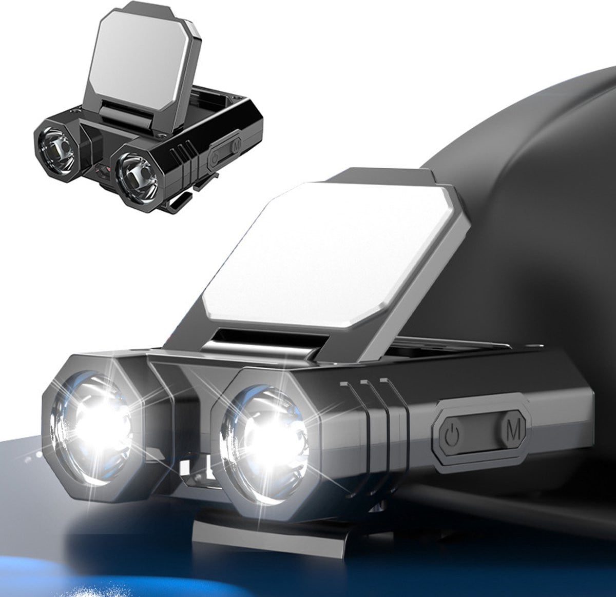 USB-oplaadbare LED-hoedcliplamp met koelwit licht voor sport en kamperen, zwart