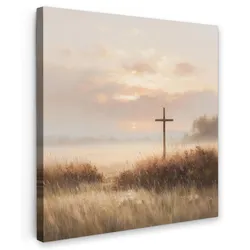 LEINWANDBILD Gras - Morgennebel - Kreuz - Christentum Deko Groß 90x90 cm