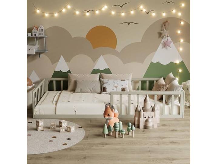 Vitalispa Kinderbett Minno , Greige 90x200 mit Matratze, mit Rausfallschutz und niedriger Einstiegshöhe