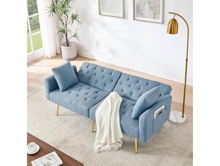 Ball & Cast Klappsofa, Mini Sofa mit Schlaffunktion, Schlafsofa Klein aus Teddy-Stoff, 3-Fach verstellbare Winkel, Ideal für Wohnungen und Wohnzimmer, Blau