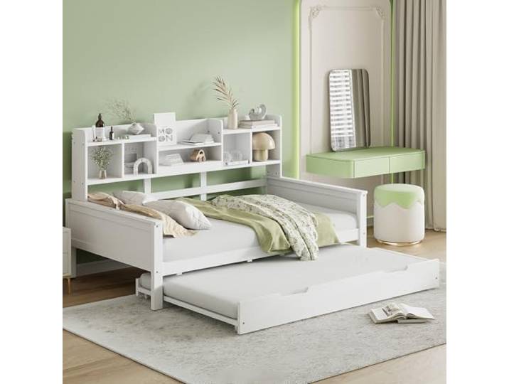 Merax Ausziehbares Schlafsofa 90x200 cm, mit Ausziehbett 90x190 cm, Rückenlehnen-Staufach, Lattenrost, Multifunktionsbett für Gästezimmer, Arbeitszimmer, Weiß