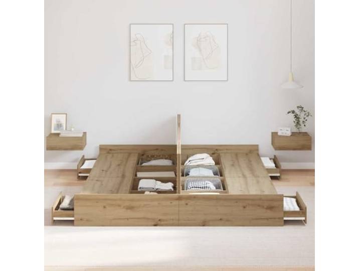 KTHLBRH Boxspringbett Eiche Handwerk 200 x 200 cm Massives Kiefernholz, integrierte Schubladen, Kopfteil im Lieferumfang enthalten, maximale Belastung 200 kg