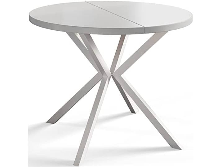 AlpiMeble Esszimmertisch Ausziehbarer 120-200cm, Weiß, Weiße Metallbeine Runder Tisch Loft Liten, Wohnzimmertisch, Küchentisch und Esszimmertisch