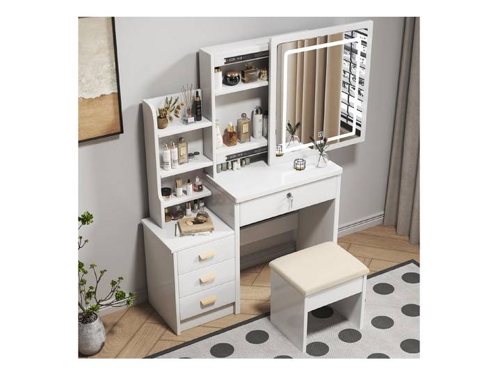 STILVORA Schminktisch mit Spiegel und Beleuchtung Kosmetiktisch mit 4 Schubladen weiß (Schminktisch-Set inklusive weichem Hocker, Großer Spiegel und drei Beleuchtungsmodi), ideales Geschenk für Sie selbst oder Ihre Lieben