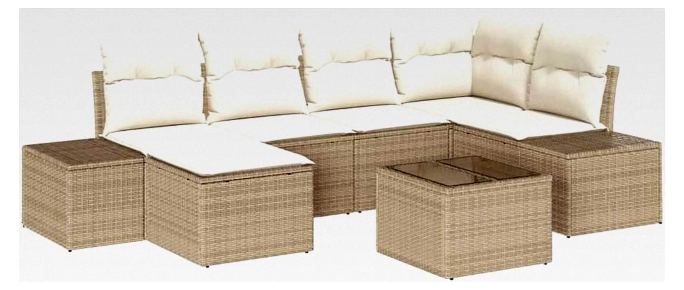 Garten-Sofa-Set mit Kissen 6-teilig Beige und Creme aus Poly-Rattan, für Garten und Terrasse, modulares Sofa-Set, wetterfestes Mobiliar, UV-beständige Sitzmöbel mit Stauraum