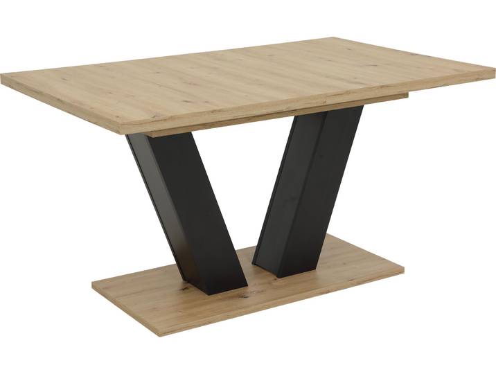 Hela Tische, Säulentisch Esstisch Hamm, Holzdekor Artisan Eiche, Synchronauszug 140-180x90cm, Melamin, Bodenplatte im Holzdekor, Schräge Säulenfüße