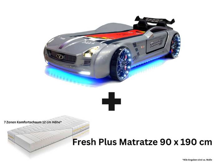 Aileenstore Autobett Rio (Matratze, Sportsitze, Lattenrost, Spoiler, LED, Sound, Fernbedienung), Roadster Kinderbett, Spielbett mit LED, Sound und Fernbedienung