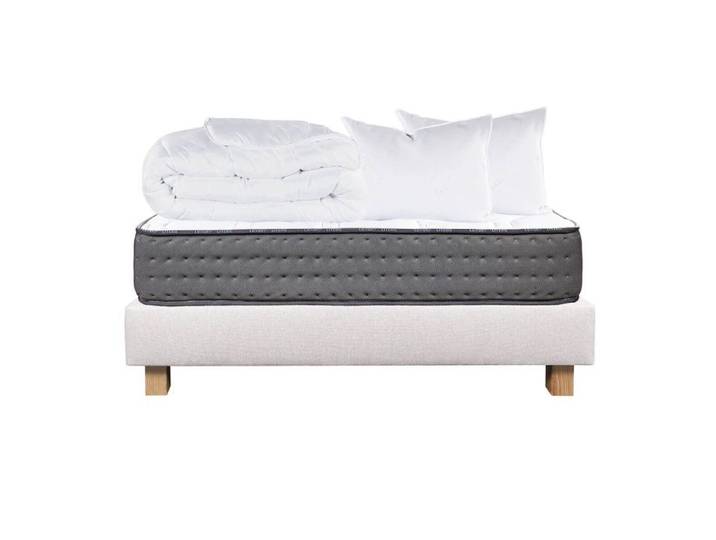 ZENITH - Pack Matelas + Sommier Tapissier Beige 140x190 cm + 2 Oreillers + 1 Couette