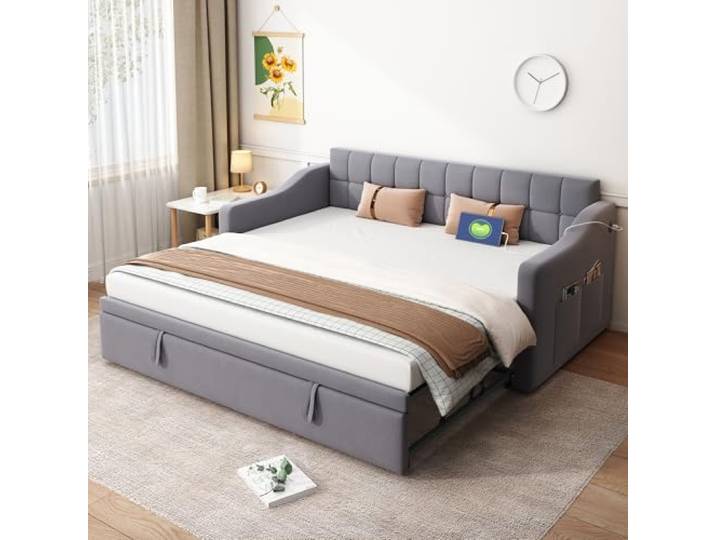 Ball & Cast Polsterbett (90x190cm) Tagesbett mit Weichen Schutzkanten, Velvet Fabric Daybed Ausziehbetten mit Steckdose und Aufbewahrungstasche, Grau