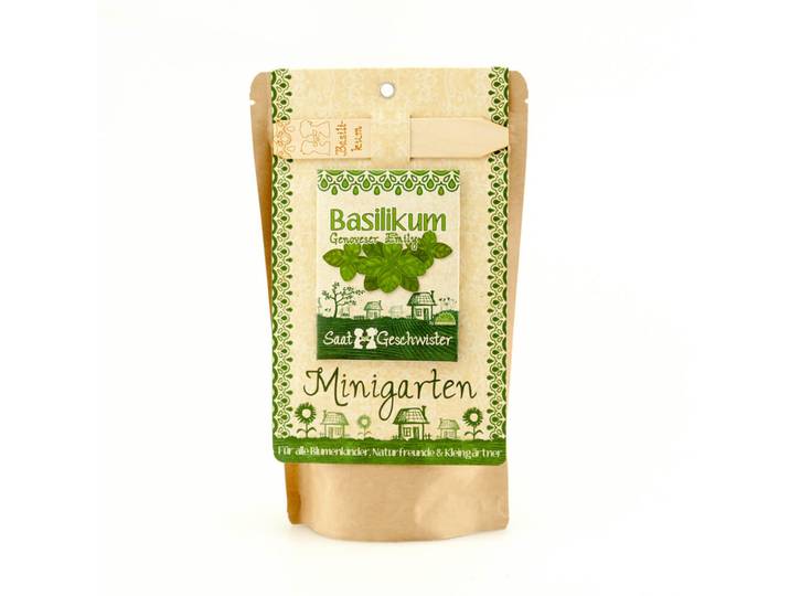 Saatgut Set für Basilikum, Samen mit Gartenerde, Saatgut, Anleitung, Pflanzstäbchen