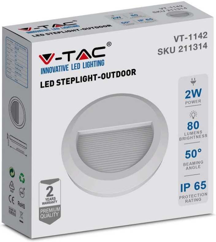 V-Tac Vt-1142 Lampada Segnapasso Faretto Led 2w Applique Parete Bianco Naturale 4000k Rotondo Ip65 - Sku 211314