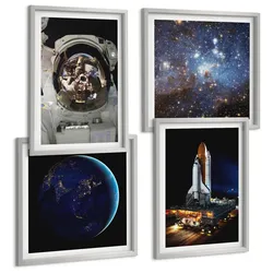 BILDER SET 4er Set - 50x50 cm & 40x60 cm Silberner Rahmen - Weltraum Erde Astronaut Rakete