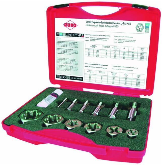 Assortiment tarauds filières pour installateur sanitaire ,13 pièces ; Ruko (245059)