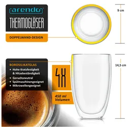 Arendo, Tasse, 4x Thermogläser (450 ml, 4x)
