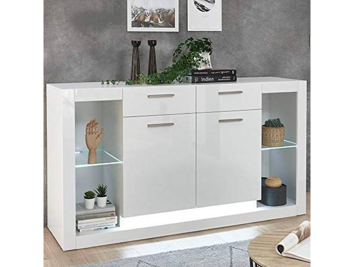 Lomadox Sideboard Anrichte in Hochglanz weiß, 2 Türen, LED-Beleuchtung, B/H/T: 150/83/43cm