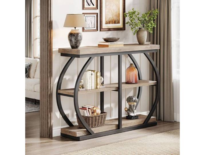 Finmind Console Table - Meuble d'entrée - 3 Niveaux - 105 x 30 x 80 cm - Table d'entrée en Bois - Style Industriel - Gris