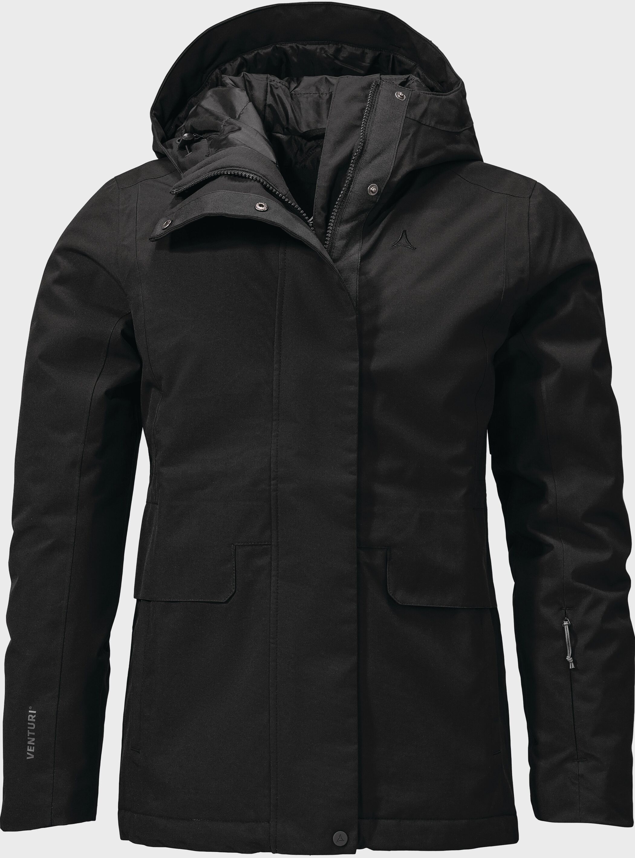 Outdoorjacke SCHÖFFEL "Ins Jacket Antwerpen L", Damen, Gr. 40, schwarz (9990, schwarz), Oberstoff : 100% Polyester (Membran: Polyurethan) Futter : 100% Polyester Wattierung : 100% Polyester, regular fit, hoch geschlossener Ausschnitt, Jacken Outdoorjacke 