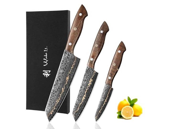 Wakoli Kawa 3er Messerset, 67 Lagen Damaststahl, VG10 Kern, Kupfereinlage Full-Tang-Bauweise, Ahornwurzelholzgriffe, Mosaik-Pin und 15° V-Schliff; Santoku, kleines Santoku und Officemesser in Holzbox
