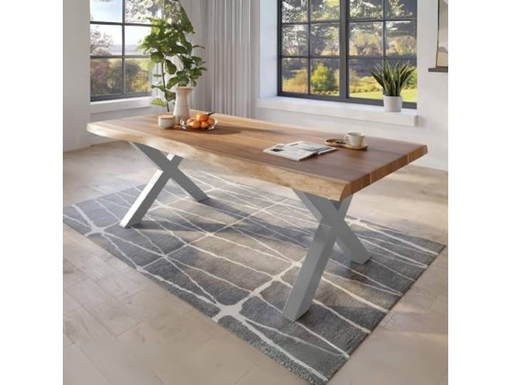 trelevo Esstisch 240x120 Baumkante Akazie natur X-Gestell silber