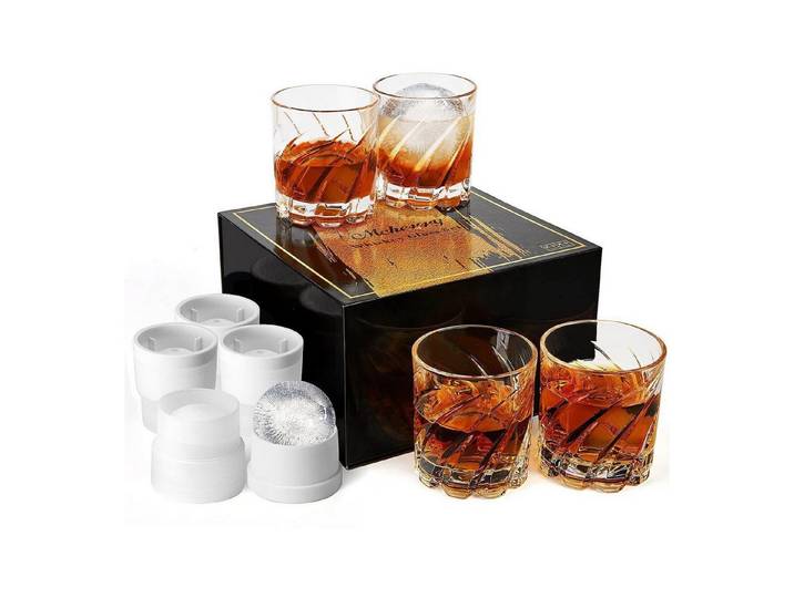 LuxusKollektion Whiskyglas Whiskygläser Set Kristall 4-teilig mit Eisformen, Glas