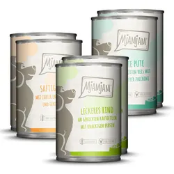 MJAMJAM Mixpaket 6 x 400g Dose Hundenassfutter Mixpaket I - Huhn & Ente, Rind, Pute