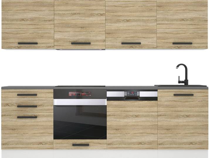 Belini Cuisine bloc Alice - Meubles de cuisine 240 cm Cuisine équipée sans appareils électroménagers avec meubles suspendus et meubles bas\, avec plans de travail\, chêne Sonoma