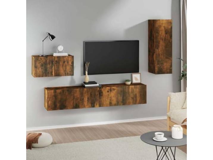 HEFZGDB 4-TLG. TV-Schrank-Set Räuchereiche Holzwerkstoff mit Wandmontage und viel Stauraum für Wohnzimmer Medienregal