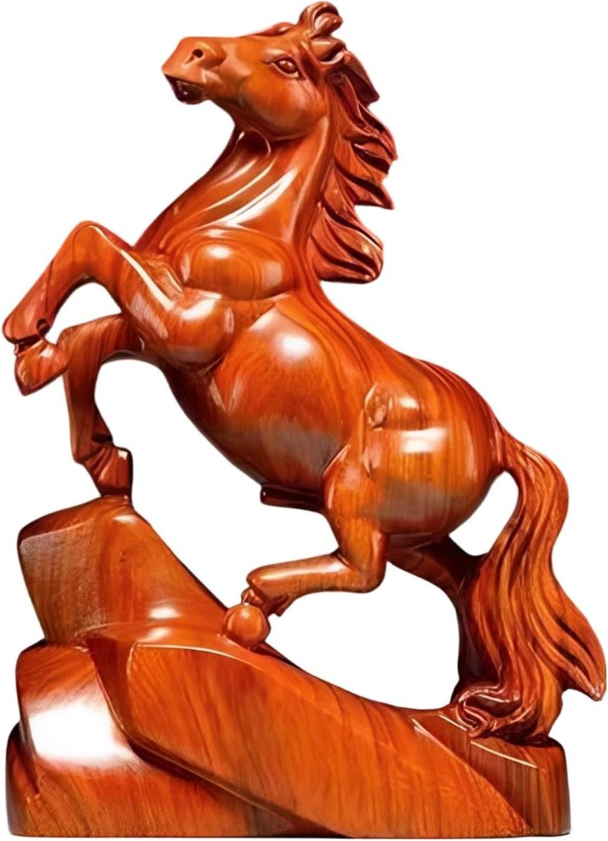 Handgesneden houten paardenbeeldje voor huisdecoratie, lichtbruin, Hoogte: 15 cm