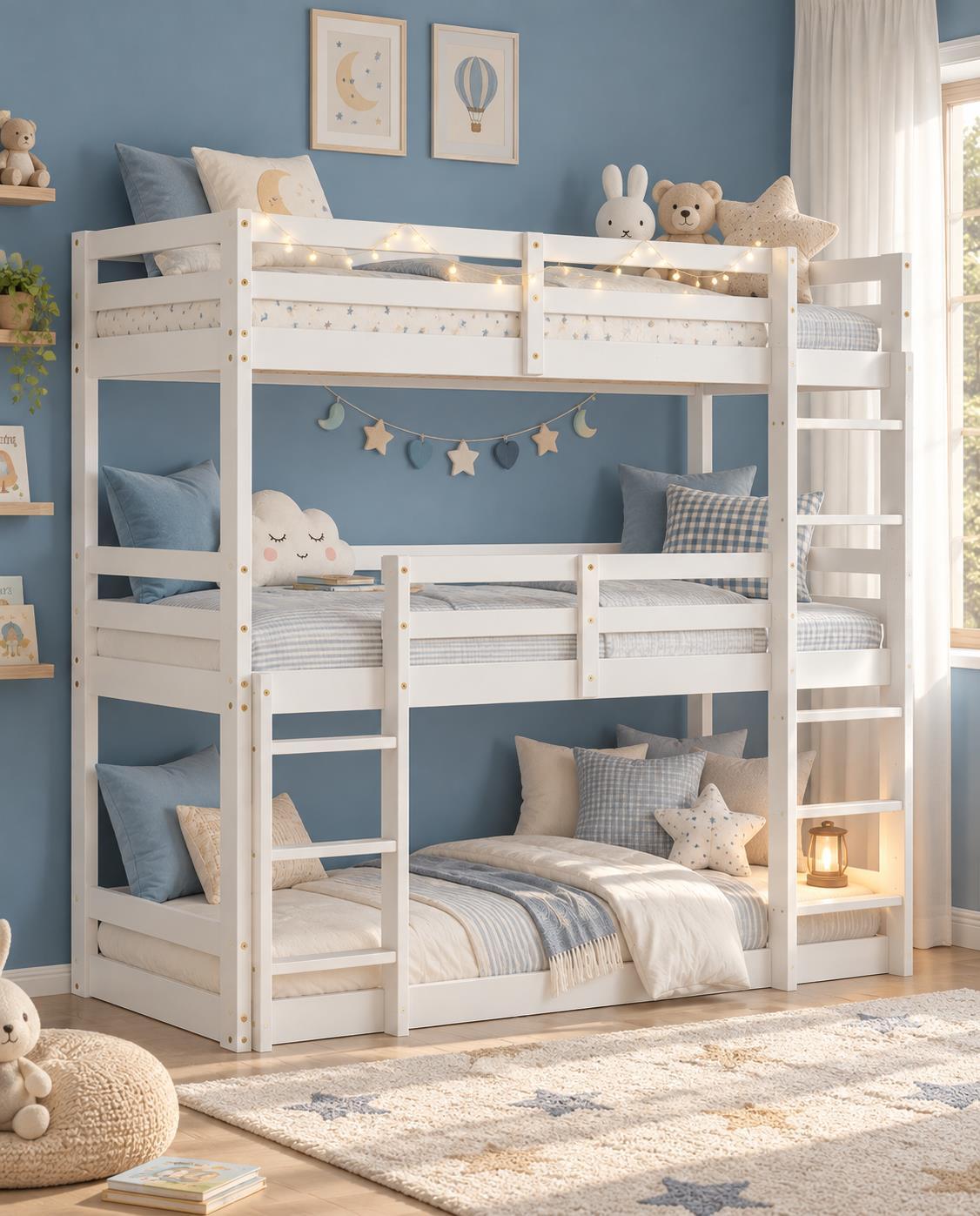 Homestyle4u Etagenbett 90x200 3 Kinder Hochbett Stockbett Dreifachbett Holz Weiß Gäste Rausfallschutz Kinderbett mit Lattenrost