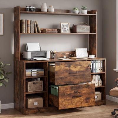Hansabenne Vertical File Cabinet with Locked Drawers, Open Storage Shelves and Charging Station