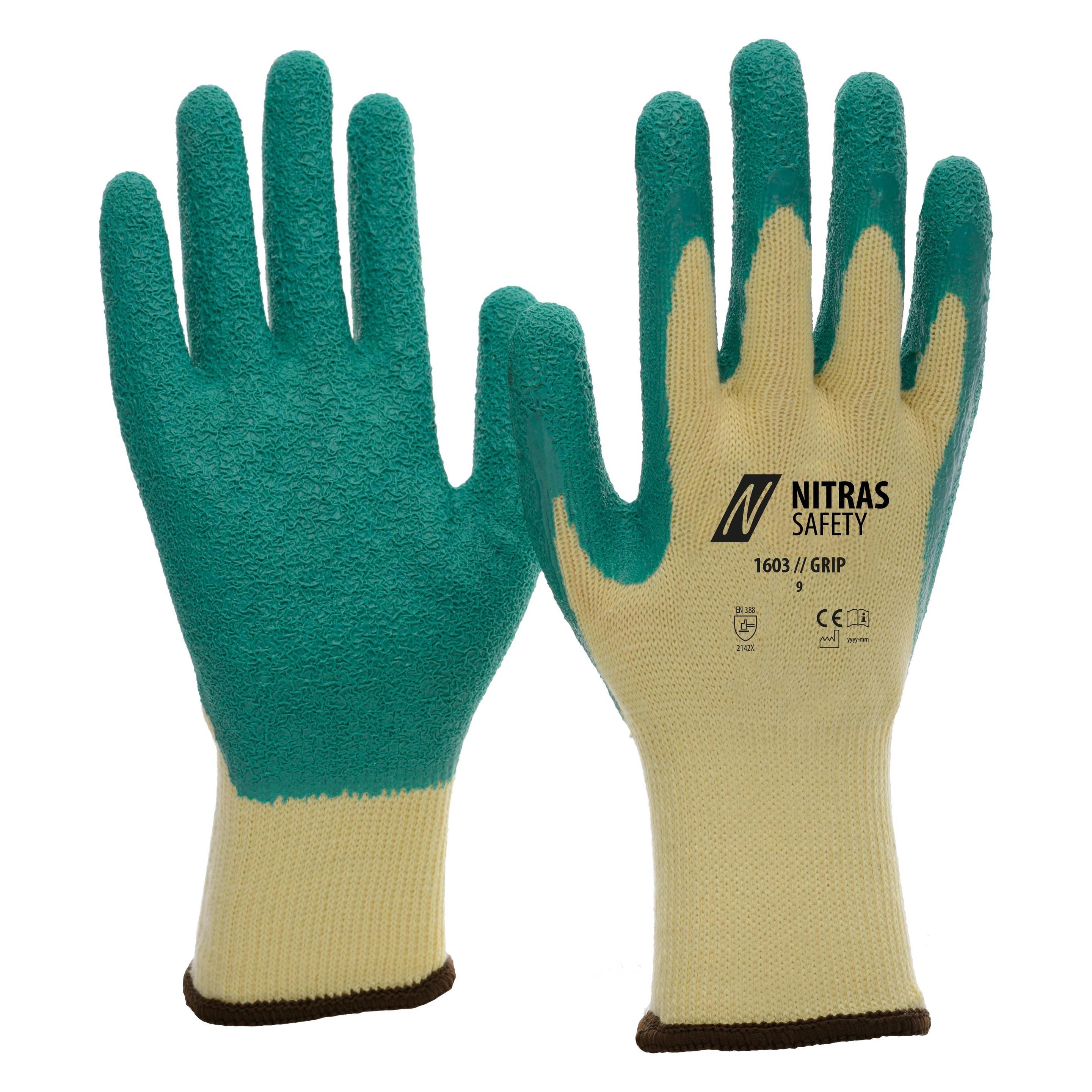 Nitras GRIP, Latexhandschuhe, Polyester, gelb, Latex-Beschichtung, grün (Farbcode: 4330), teilbeschi (10) (1603-10)