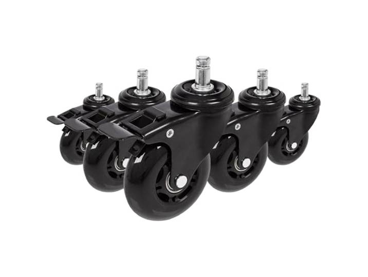 hjh OFFICE 729400 Bürostuhlrollen ROLO SKATE Schwarz 5 x Hartbodenrollen 11 mm x 75 mm mit Feststellbremse