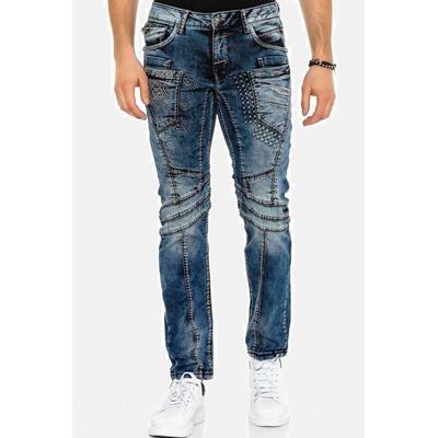 Straight-Jeans CIPO & BAXX "Jeans", Herren, Gr. 42, Länge 32, blau (dunkelblau), 94% Baumwolle, 4% Polyester, 2% Elasthan, unifarben, regular fit lang, Jeans Straight-Jeans, mit rockigen Ziernähten, CD-418