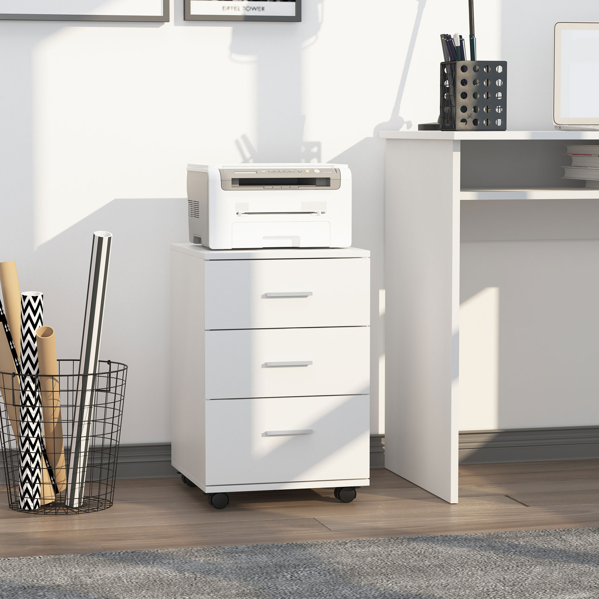 Vinsetto HOMCOM Mobiletto per Ufficio Archiviazione Scrivania su Ruote 3 Cassetti con Serratura 40 x 40 x 61,5 cm Bianco