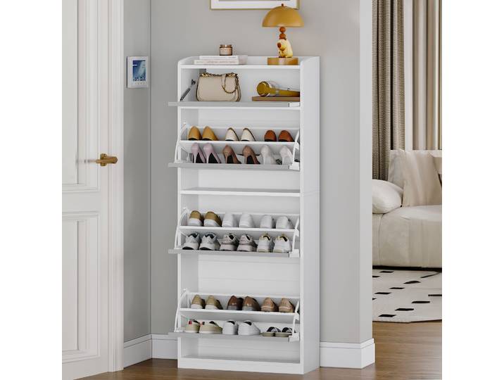 Armoire à chaussures étroite avec 3 portes pliantes, armoire à chaussures, coffre à chaussures étroit avec 1 rangement rabattable, pour 12 à 18 paires de chaussures