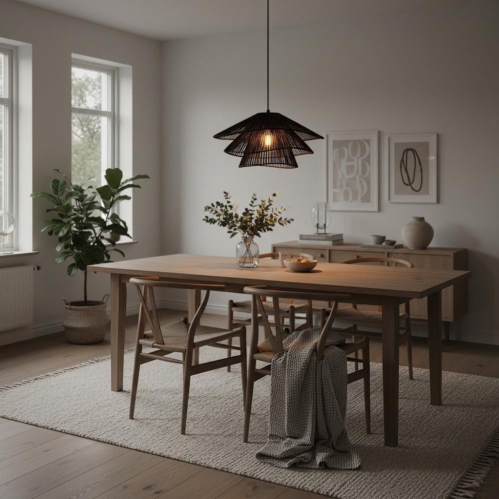 LUSENZ Pendelleuchte Avanta nero tre - Schwarze Lampe aus geflochtenem Papierkabel - Ohne Leuchtmittel und für den Innenbereich - Dreilagig