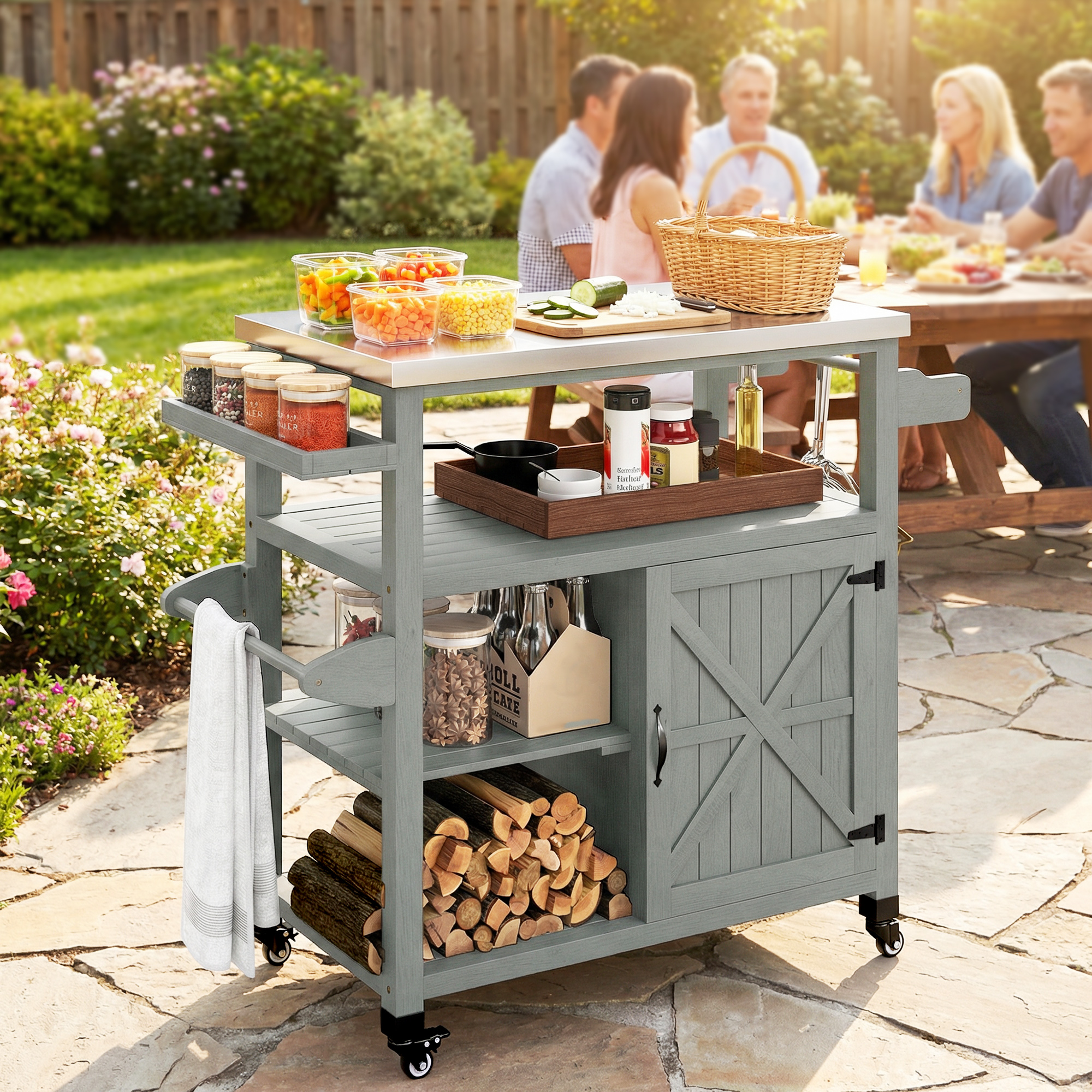 Outsunny Carrello da giardino Carrello barbecue su ruote con piano in acciaio inossidabile 107x49,5x92,5cm grigio   Aosom Italy