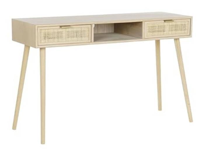 DRW Konsolentisch mit 2 Schubladen und Regal aus Holz und Rattan, 120 x 42,5 x 78 cm