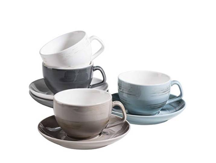 MÄSER 931609 Serie Derby Premium Kaffeetassen Set für 4 Personen in Gastronomie-Qualität, Tassen mit Untertassen in modernem Design und bunten Pastellfarben, Durable Porzellan