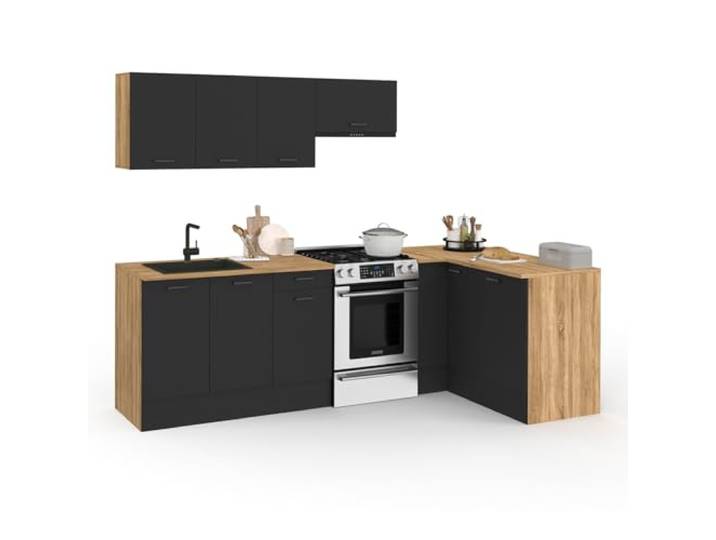 IDMarket - Cuisine complète d'angle 400 cm Subtil avec Plan de Travail 7 élements\, bois et noir\, plateaux bois