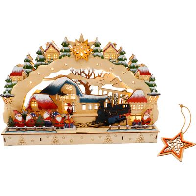 LED Schwibbogen OTTO HOME "winterliche Kulisse, mehrstöckig", bunt (rot), B:44,5cm H:30cm T:7cm, Holzwerkstoff, Schwibbögen, Gratis-Hänger, 6h-Timer, 3D-Optik, winterliche Kulisse, Höhe 30 cm