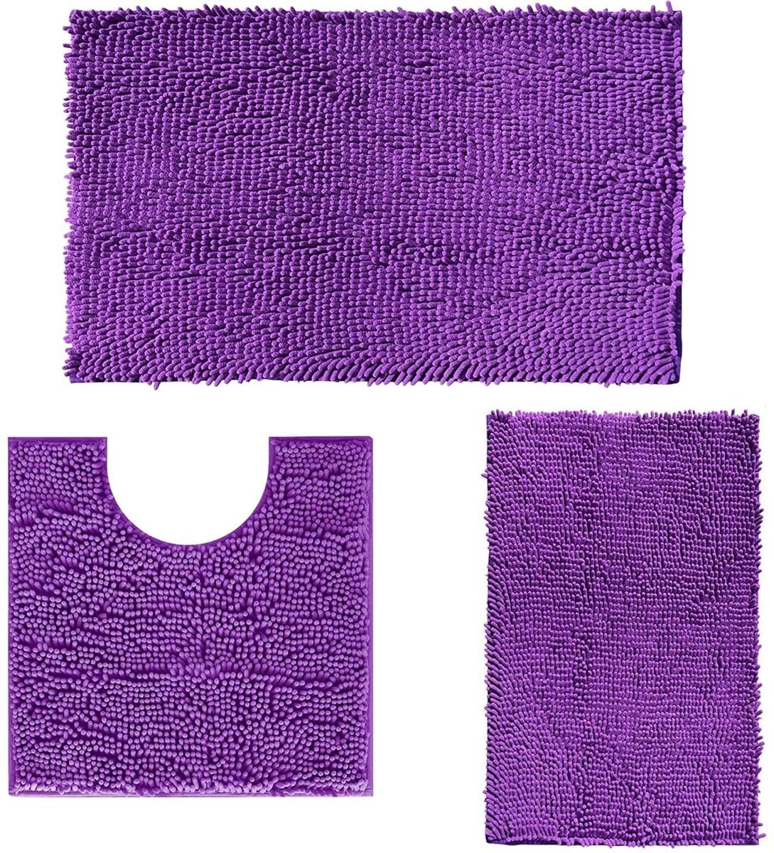 Set van 3 Chenille Badmatten Antislip - Donkerpaars