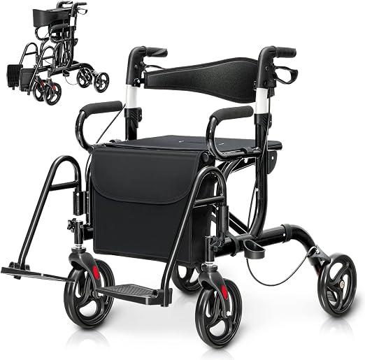 2 in 1 Rollstuhl Rollator faltbar & leicht mit Sitz, Gehhilfe 6-fach höhenverstellbar, Alu Gehwagen bis 160kg belastbar, Reiserollator Laufhilfe mit Stockhalter Tasche & Bremse (Schwarz)